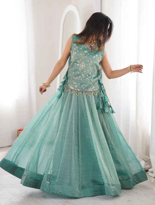 Designer Sky Embroidered Crush Lehenga Choli