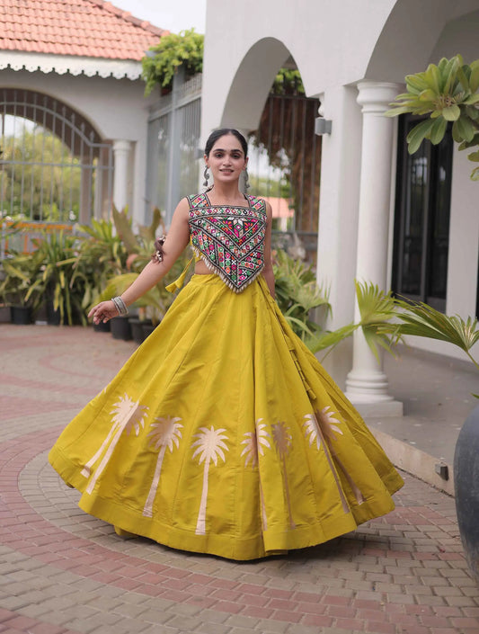 Olive Yellow Gamthi Work Navratri Lehenga Choli