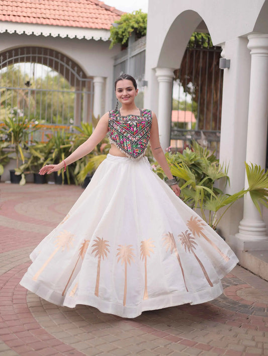 White Gamthi Work Navratri Lehenga Choli