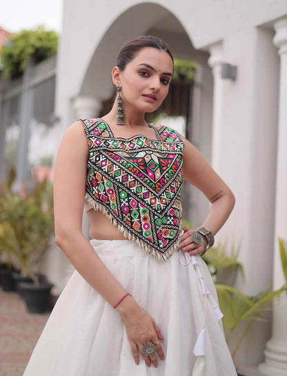 White Gamthi Work Navratri Lehenga Choli