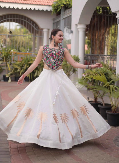 White Gamthi Work Navratri Lehenga Choli