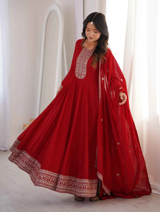 Dark Red Silk Embroidery Work Gown