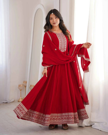 Dark Red Silk Embroidery Work Gown