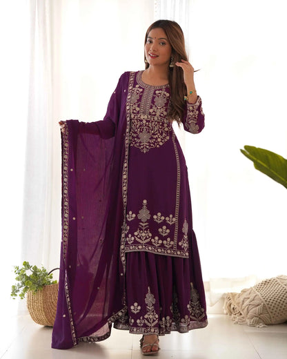 Wine Zari Embroidery Work Sharara Set