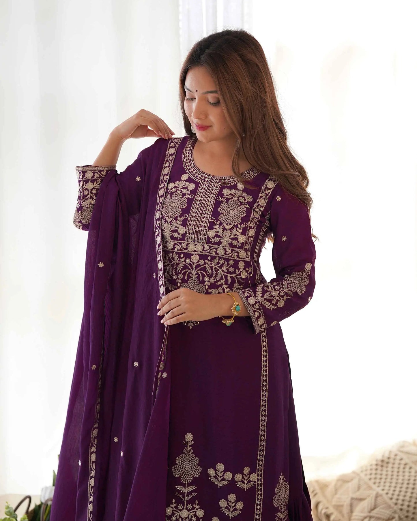 Wine Zari Embroidery Work Sharara Set