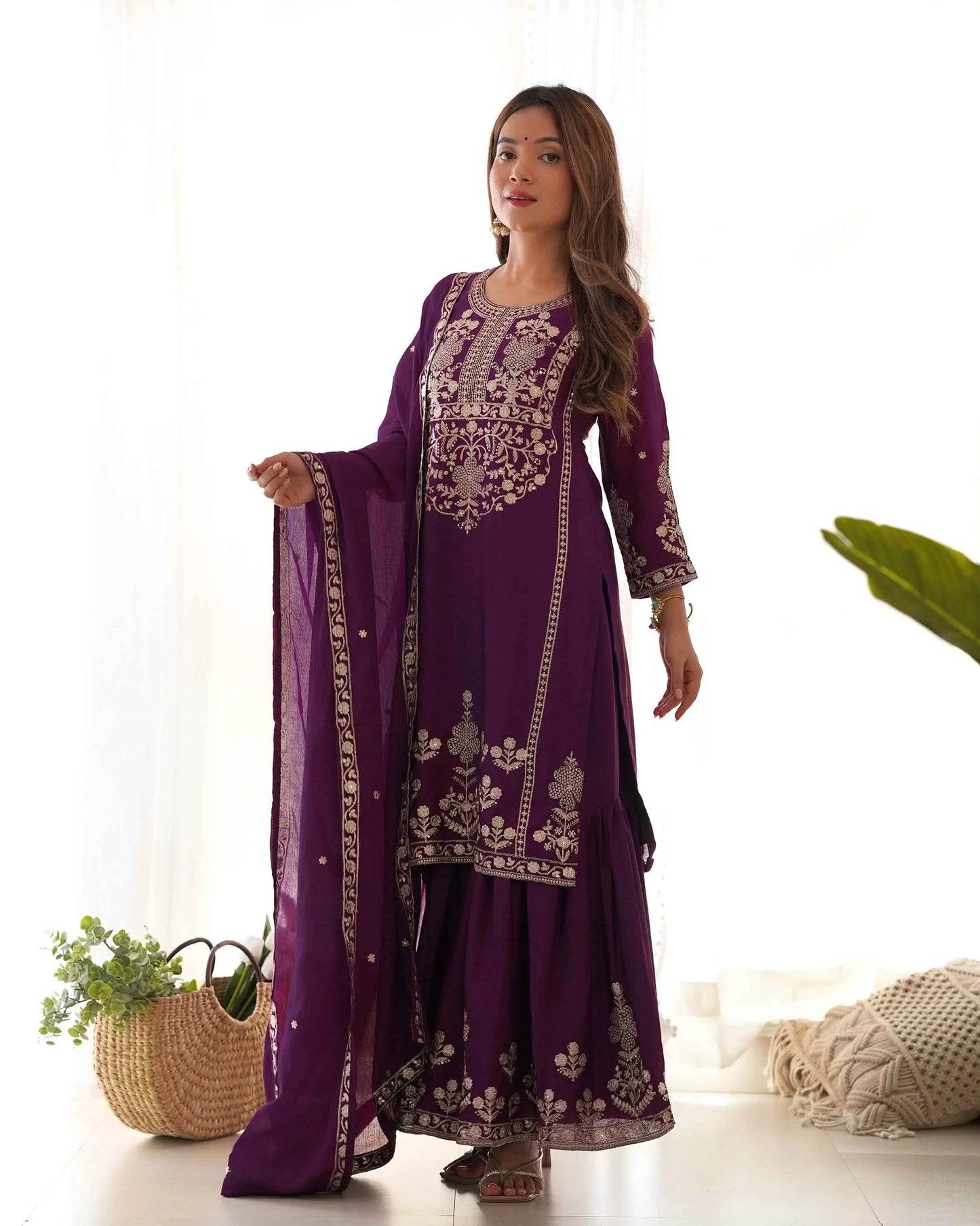 Wine Zari Embroidery Work Sharara Set