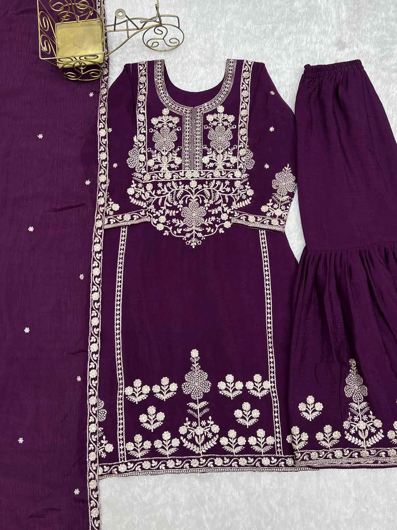 Wine Zari Embroidery Work Sharara Set