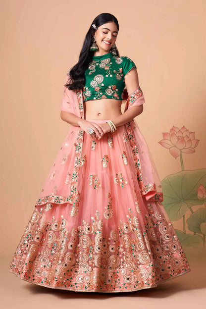 Peach Soft Net Lehenga With Thread Zari Dori And Sequins Embroidery With Mirror Work