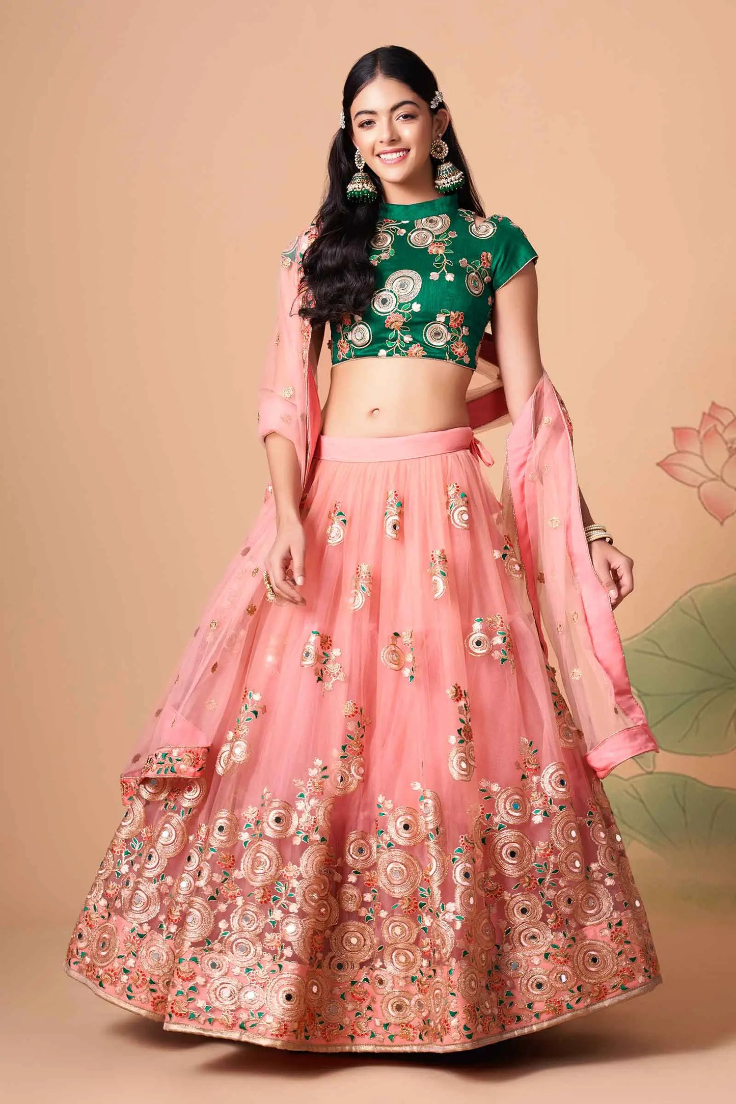 Peach Soft Net Lehenga With Thread Zari Dori And Sequins Embroidery With Mirror Work