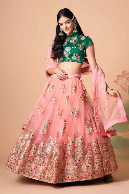 Peach Soft Net Lehenga With Thread Zari Dori And Sequins Embroidery With Mirror Work