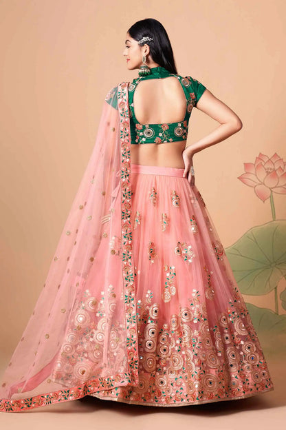 Peach Soft Net Lehenga With Thread Zari Dori And Sequins Embroidery With Mirror Work