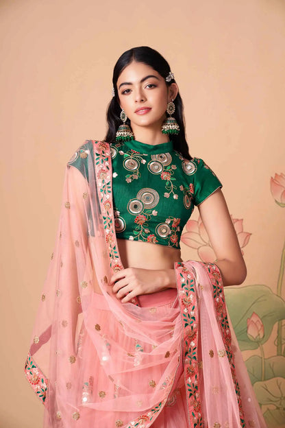 Peach Soft Net Lehenga With Thread Zari Dori And Sequins Embroidery With Mirror Work