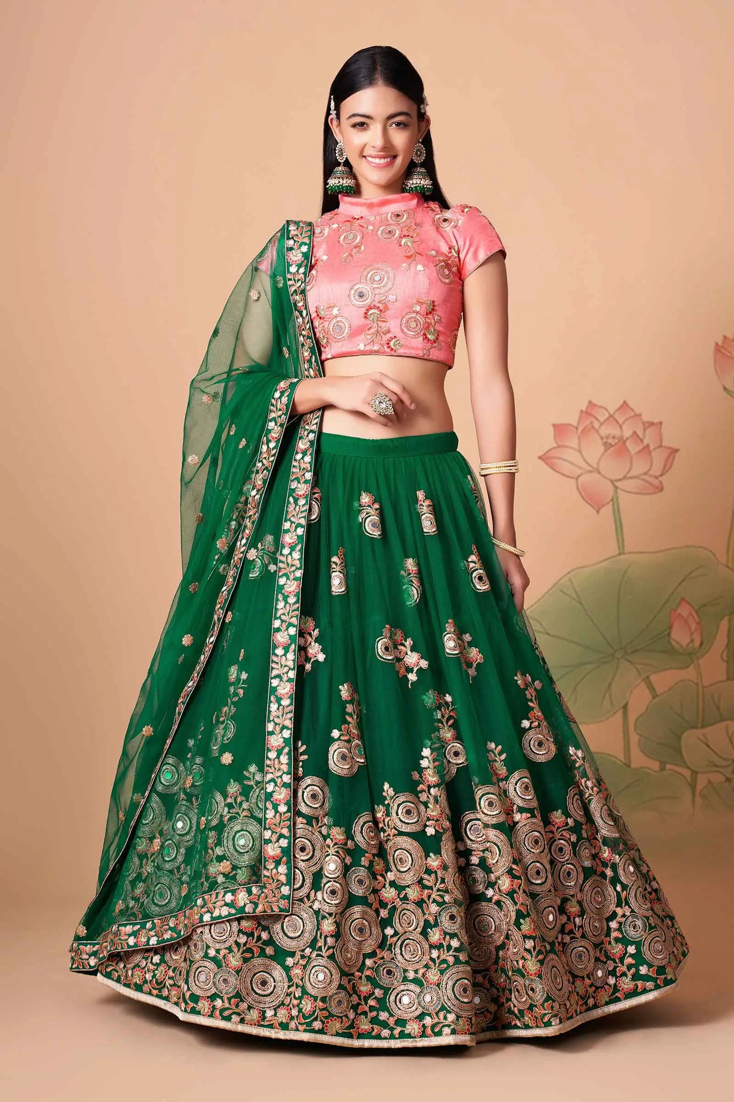 Green Soft Net Lehenga With Thread Zari Dori And Sequins Embroidery With Mirror Work