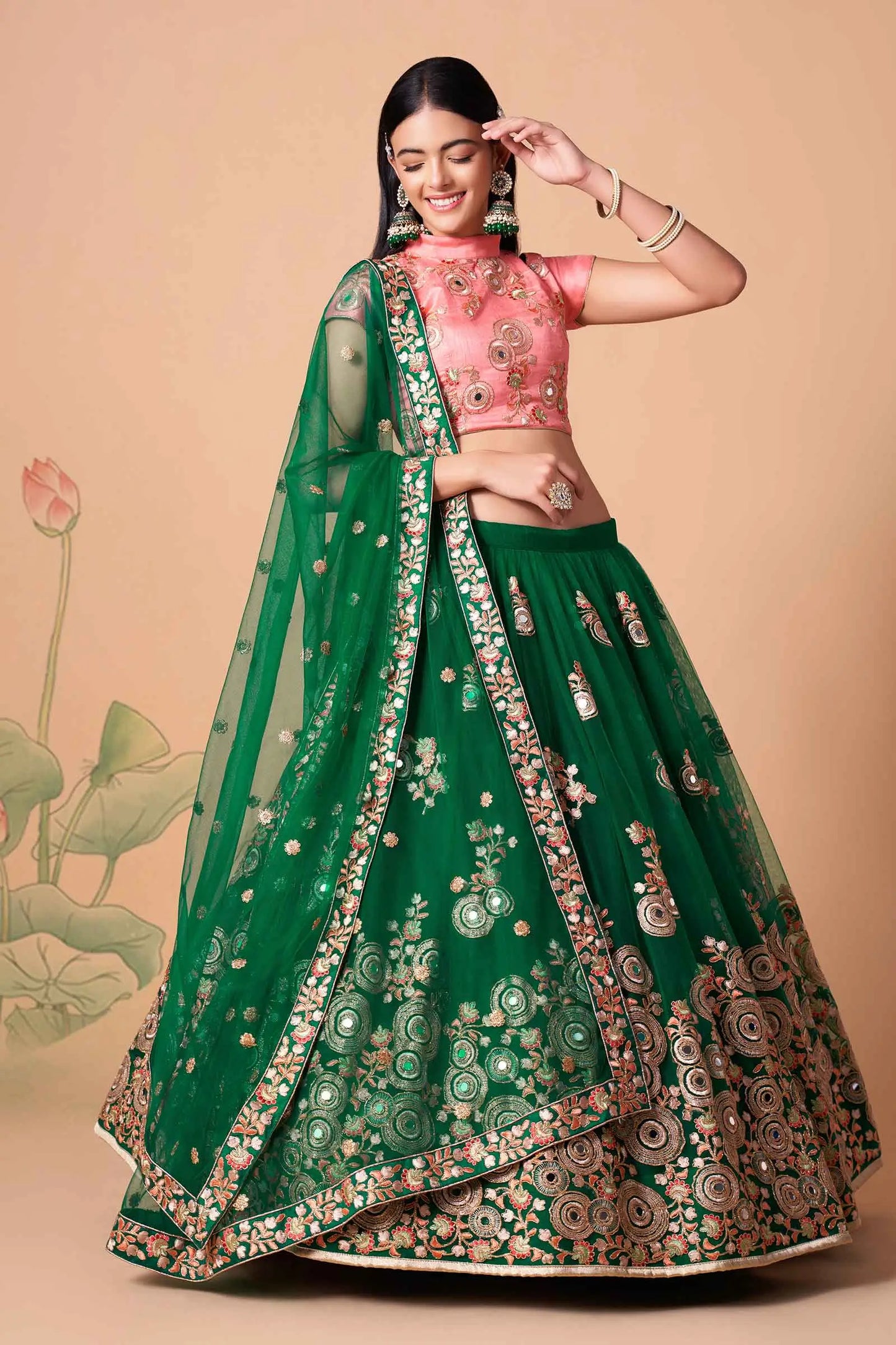 Green Soft Net Lehenga With Thread Zari Dori And Sequins Embroidery With Mirror Work