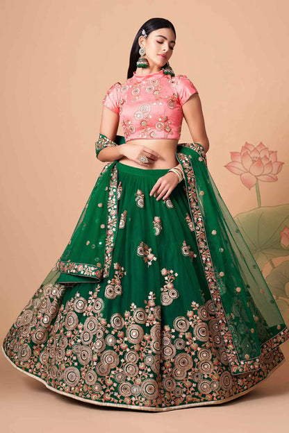 Green Soft Net Lehenga With Thread Zari Dori And Sequins Embroidery With Mirror Work