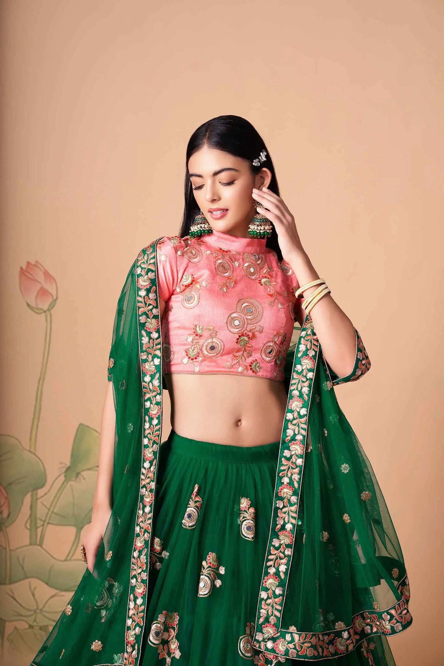 Green Soft Net Lehenga With Thread Zari Dori And Sequins Embroidery With Mirror Work