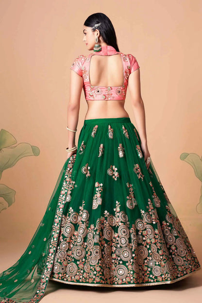 Green Soft Net Lehenga With Thread Zari Dori And Sequins Embroidery With Mirror Work