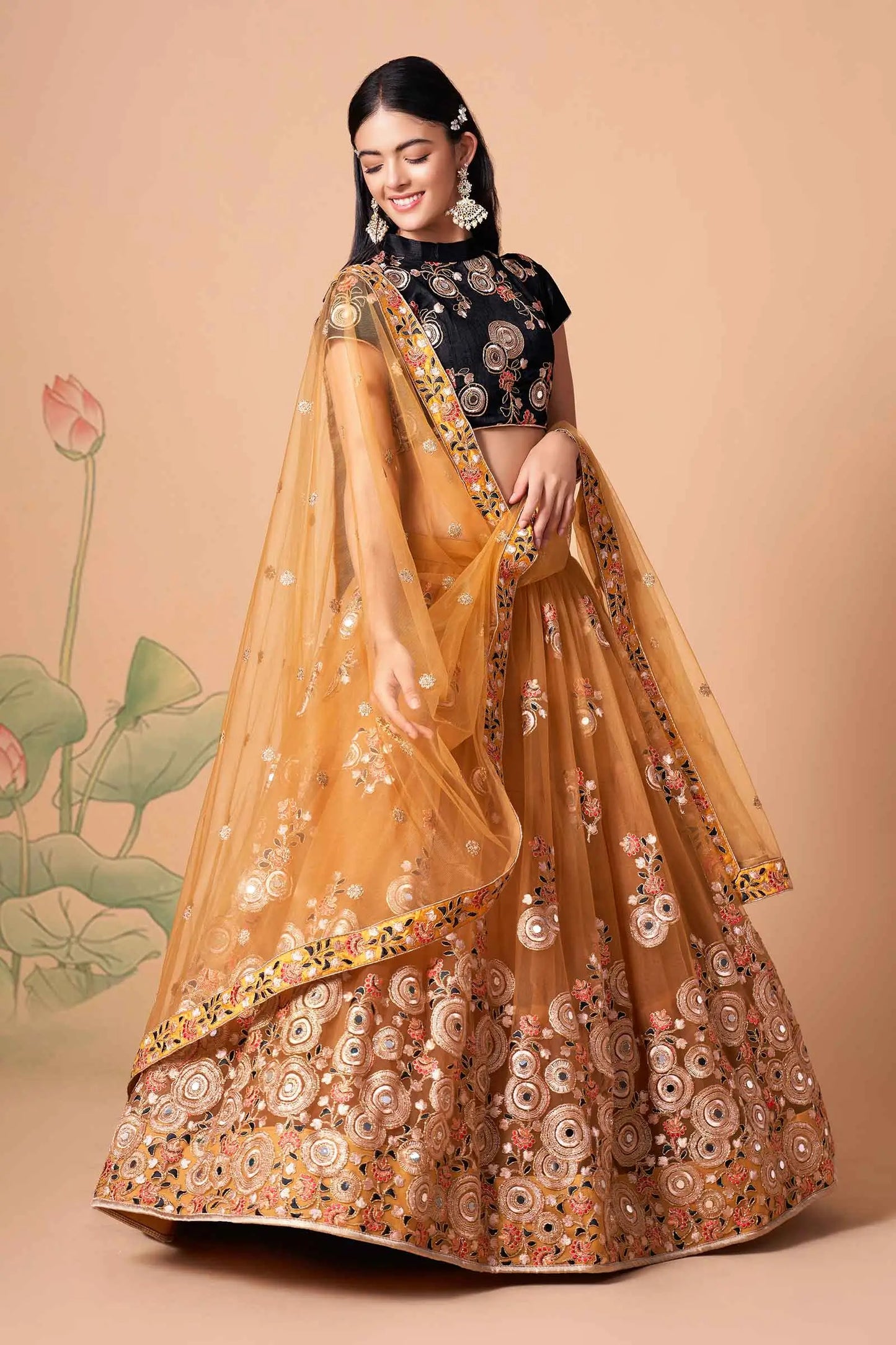 Golden Soft Net Lehenga With Thread Zari Dori And Sequins Embroidery With Mirror Work