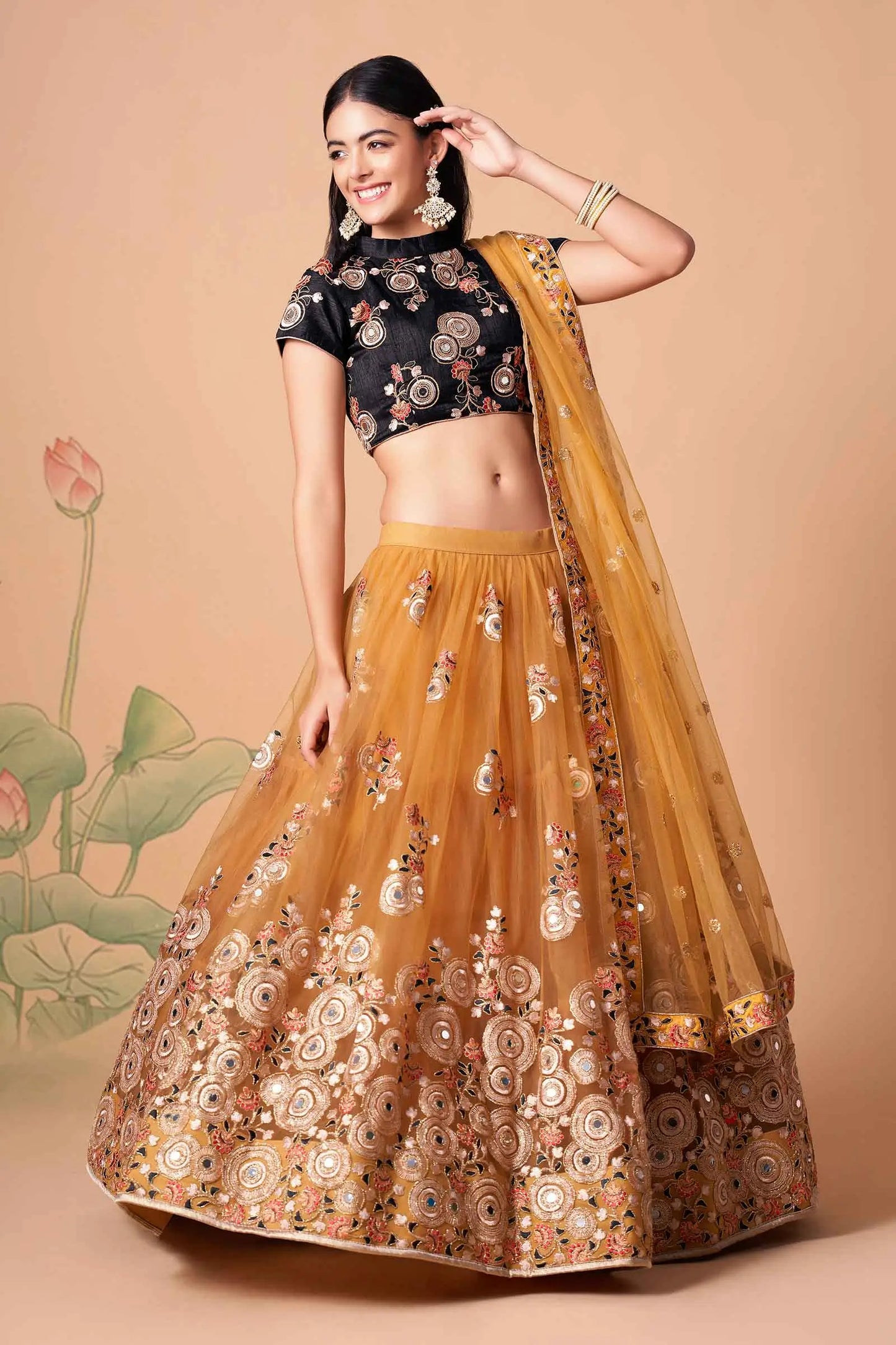 Golden Soft Net Lehenga With Thread Zari Dori And Sequins Embroidery With Mirror Work