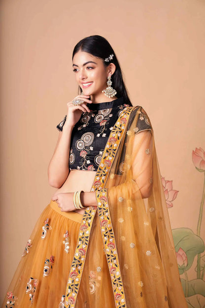 Golden Soft Net Lehenga With Thread Zari Dori And Sequins Embroidery With Mirror Work