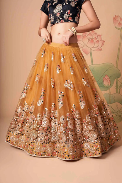 Golden Soft Net Lehenga With Thread Zari Dori And Sequins Embroidery With Mirror Work