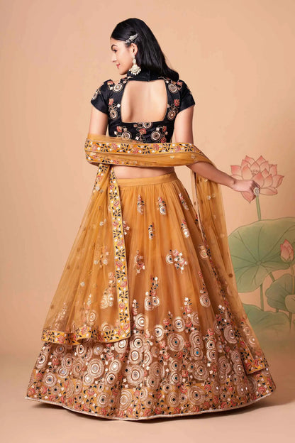 Golden Soft Net Lehenga With Thread Zari Dori And Sequins Embroidery With Mirror Work