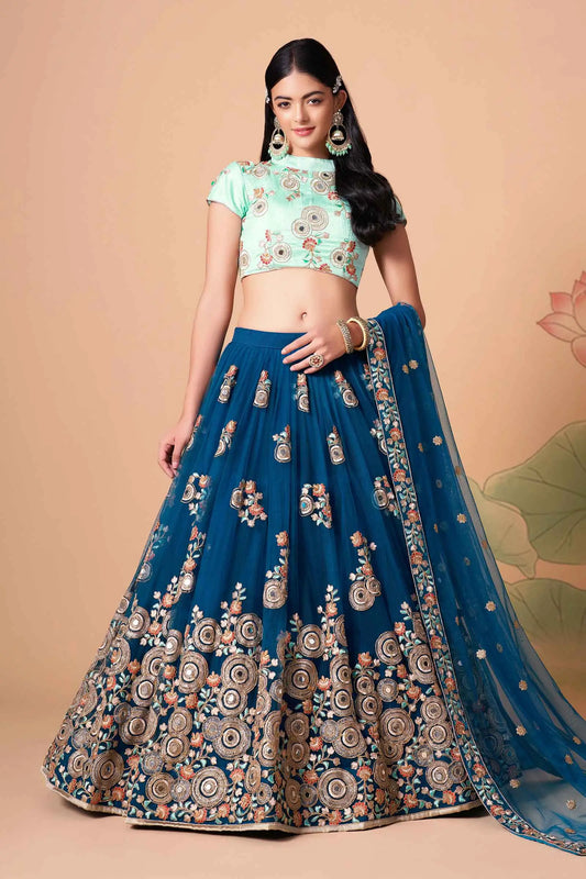 Dove Blue Soft Net Lehenga With Thread Zari Dori And Sequins Embroidery With Mirror Work