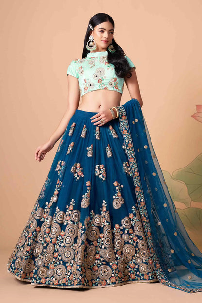 Dove Blue Soft Net Lehenga With Thread Zari Dori And Sequins Embroidery With Mirror Work