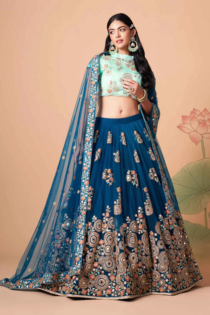 Dove Blue Soft Net Lehenga With Thread Zari Dori And Sequins Embroidery With Mirror Work