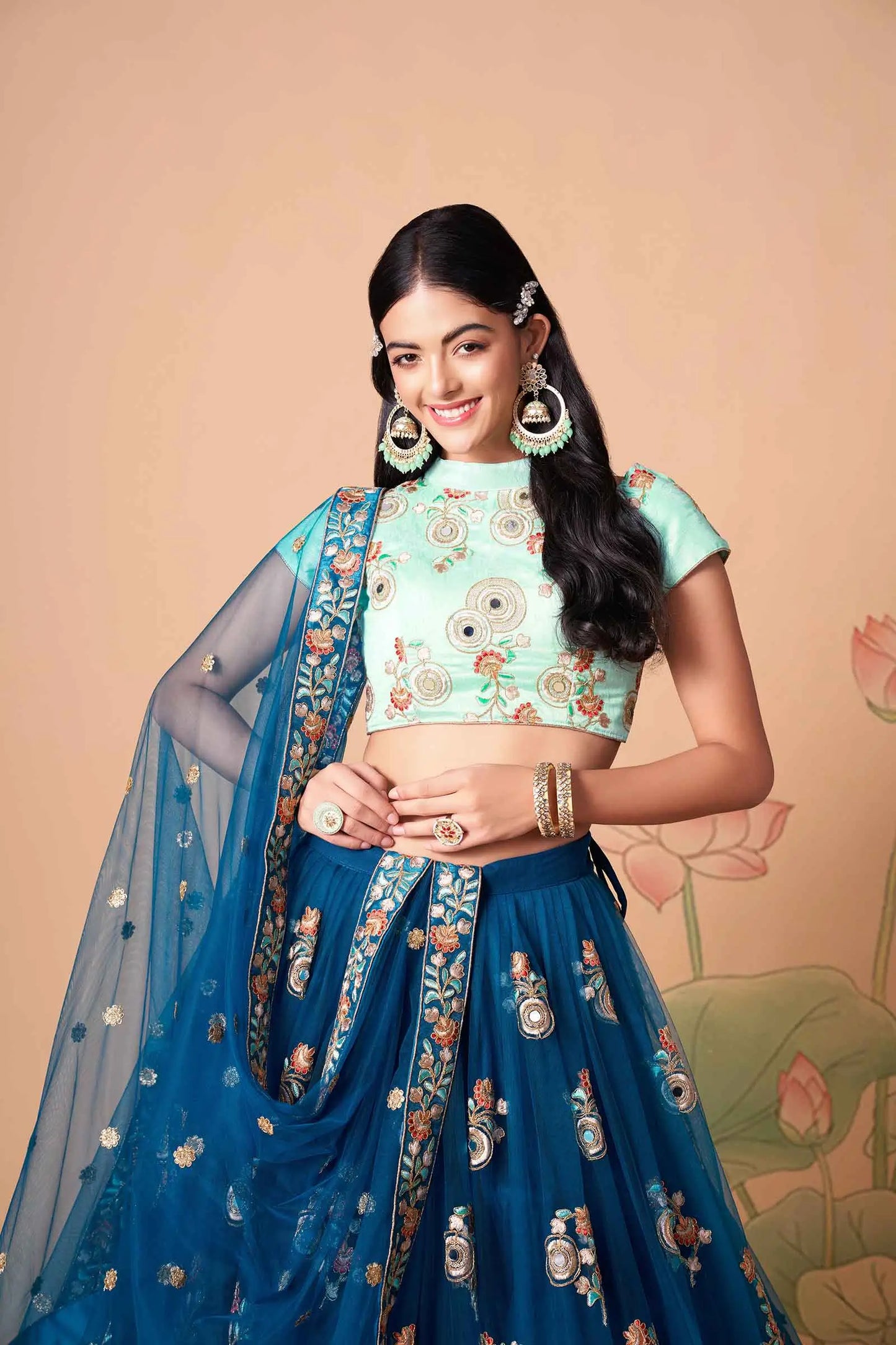 Dove Blue Soft Net Lehenga With Thread Zari Dori And Sequins Embroidery With Mirror Work