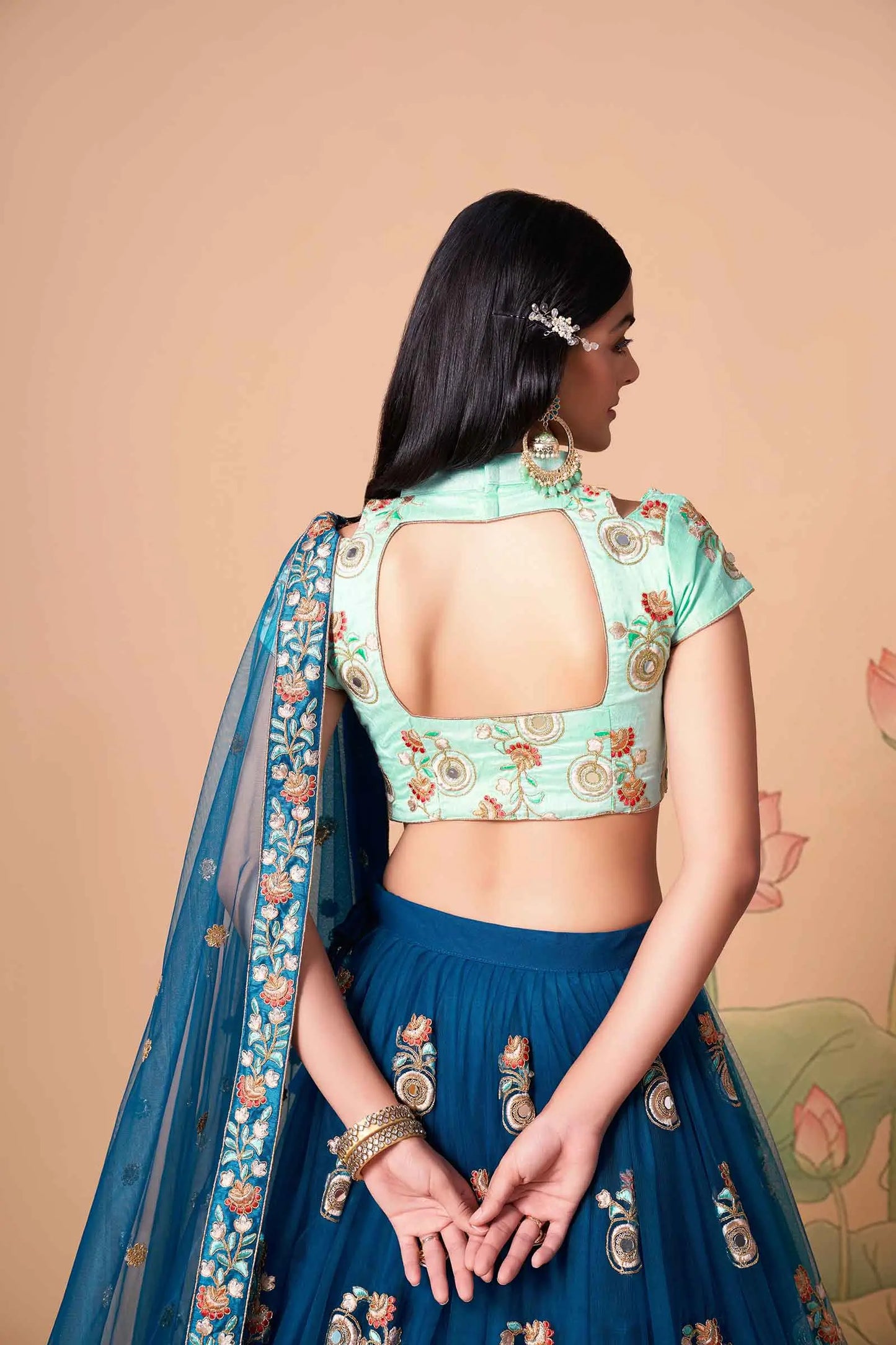 Dove Blue Soft Net Lehenga With Thread Zari Dori And Sequins Embroidery With Mirror Work