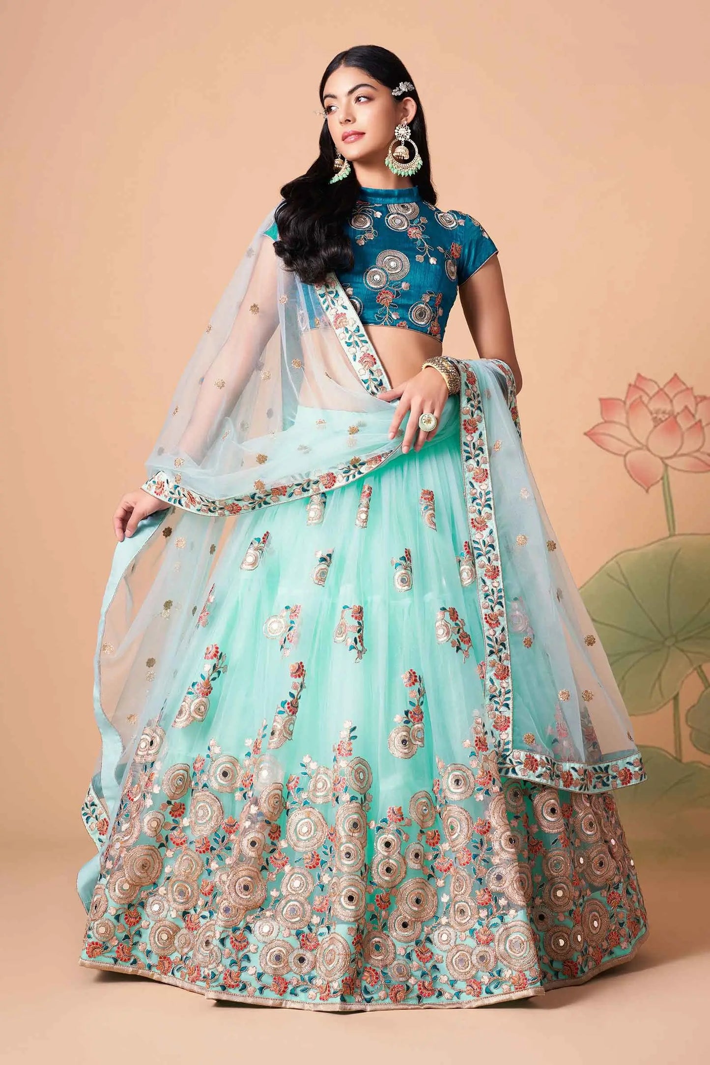 Sky Blue Net Lehenga With Thread Zari Dori And Sequins Embroidery With Mirror Work