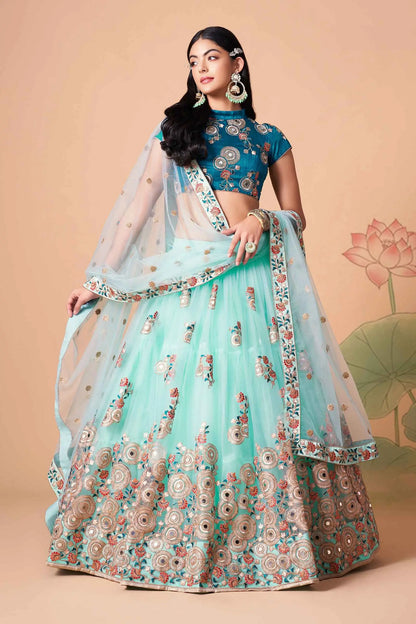 Sky Blue Net Lehenga With Thread Zari Dori And Sequins Embroidery With Mirror Work