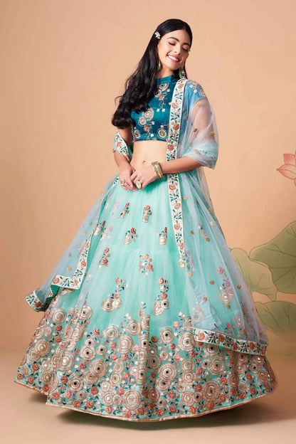 Sky Blue Net Lehenga With Thread Zari Dori And Sequins Embroidery With Mirror Work