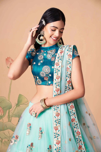 Sky Blue Net Lehenga With Thread Zari Dori And Sequins Embroidery With Mirror Work