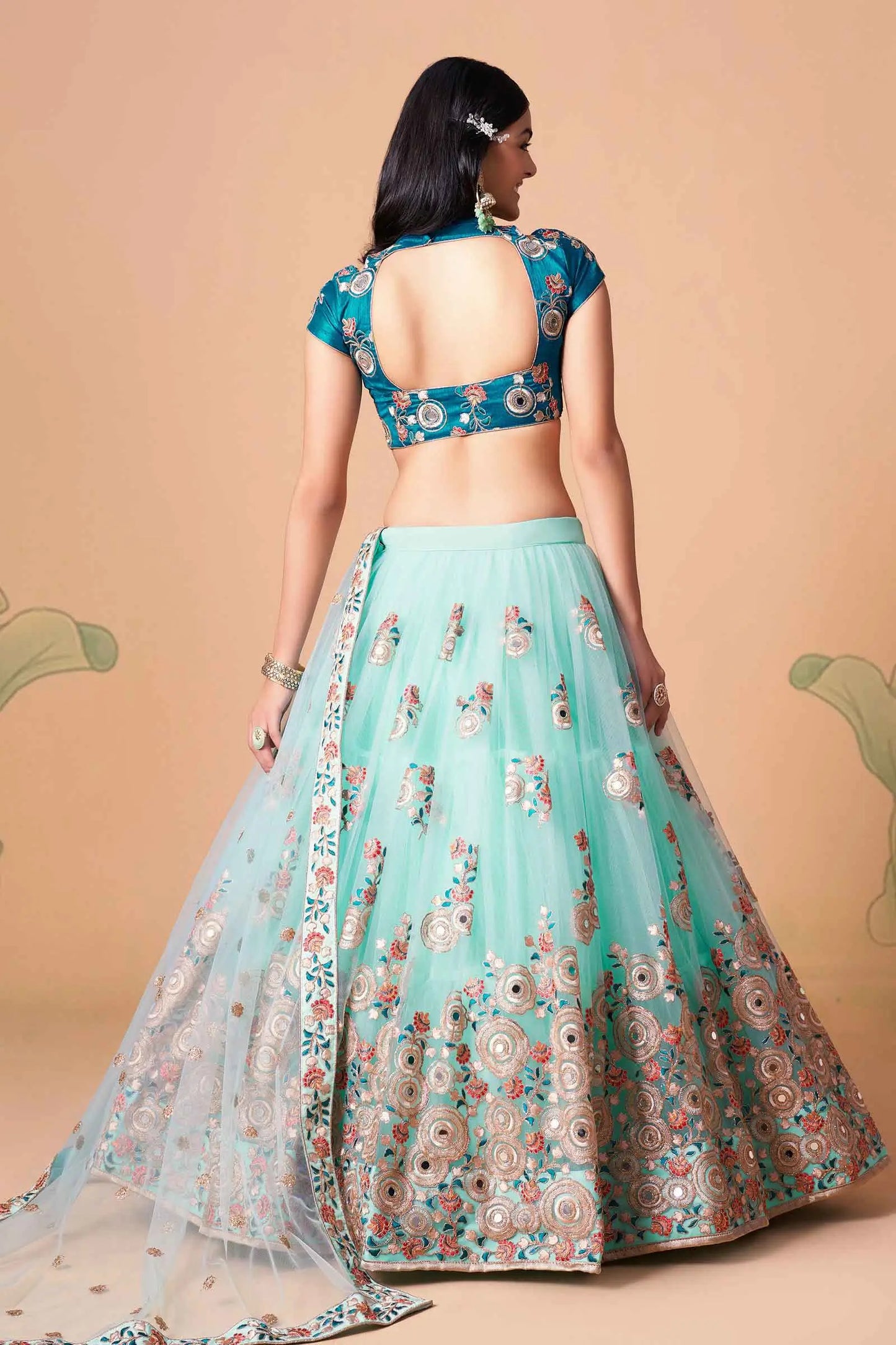 Sky Blue Net Lehenga With Thread Zari Dori And Sequins Embroidery With Mirror Work