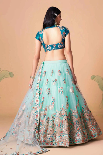 Sky Blue Net Lehenga With Thread Zari Dori And Sequins Embroidery With Mirror Work