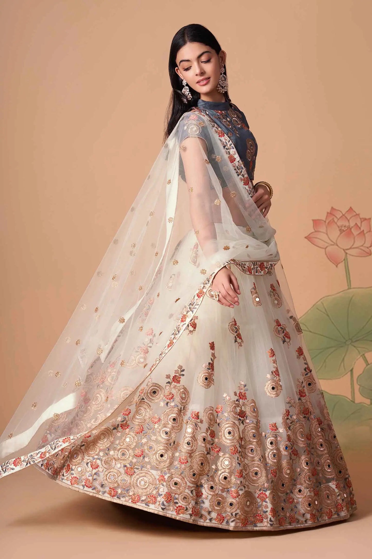 Off White Soft Net Lehenga With Thread Zari Dori And Sequins Embroidery With Mirror Work