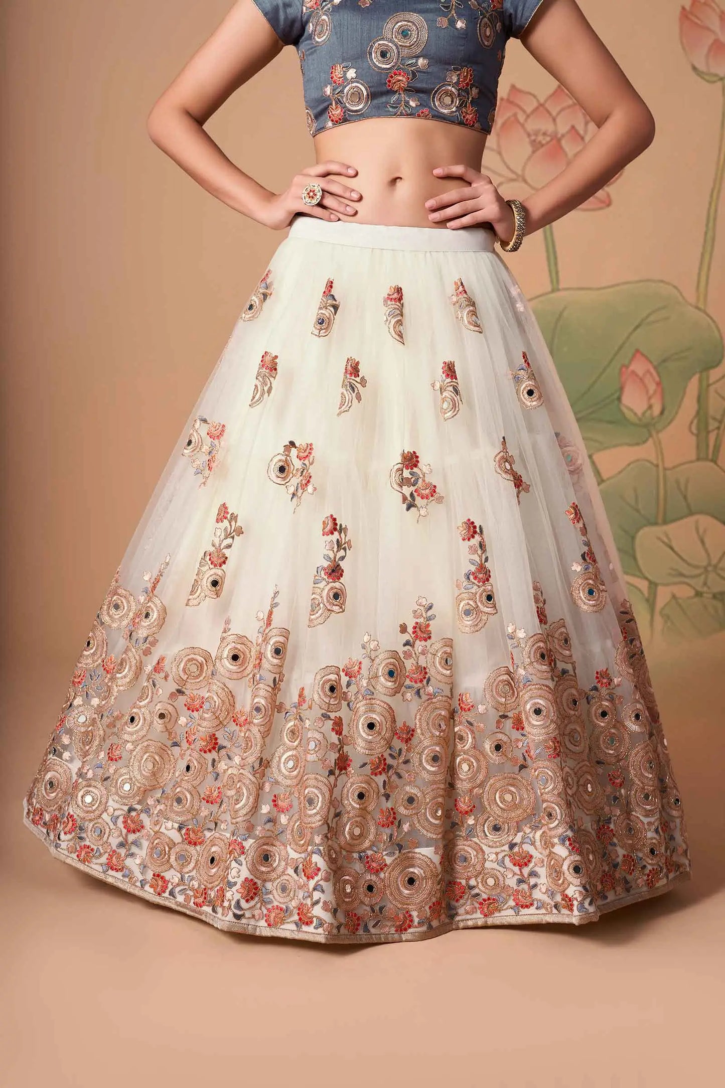 Off White Soft Net Lehenga With Thread Zari Dori And Sequins Embroidery With Mirror Work