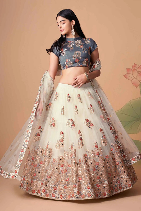 Off White Soft Net Lehenga With Thread Zari Dori And Sequins Embroidery With Mirror Work