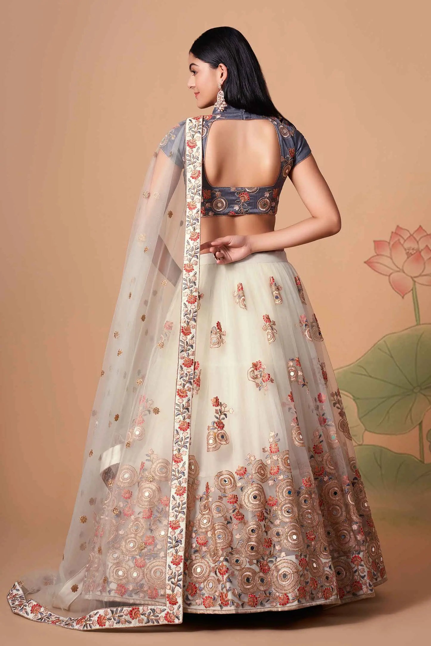 Off White Soft Net Lehenga With Thread Zari Dori And Sequins Embroidery With Mirror Work