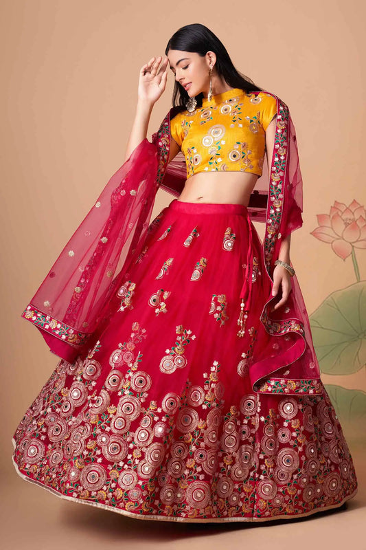 Red Soft Net Lehenga With Thread Zari Dori And Sequins Embroidery With Mirror Work