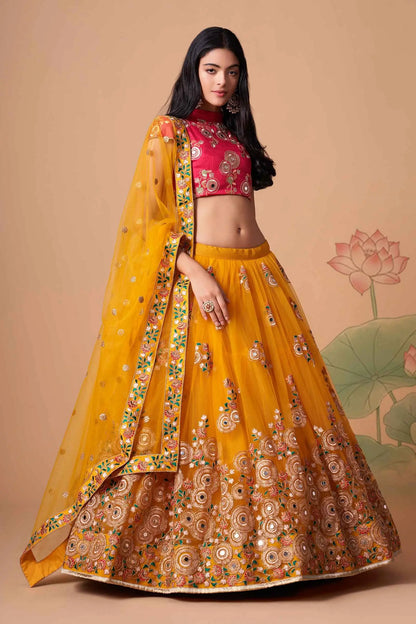 Yellow Soft Net Lehenga With Thread Zari Dori And Sequins Embroidery With Mirror Work