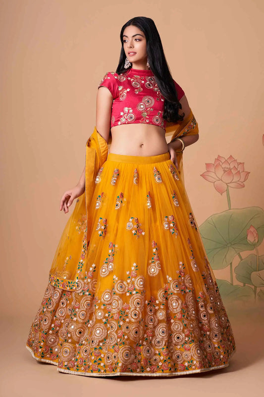 Yellow Soft Net Lehenga With Thread Zari Dori And Sequins Embroidery With Mirror Work