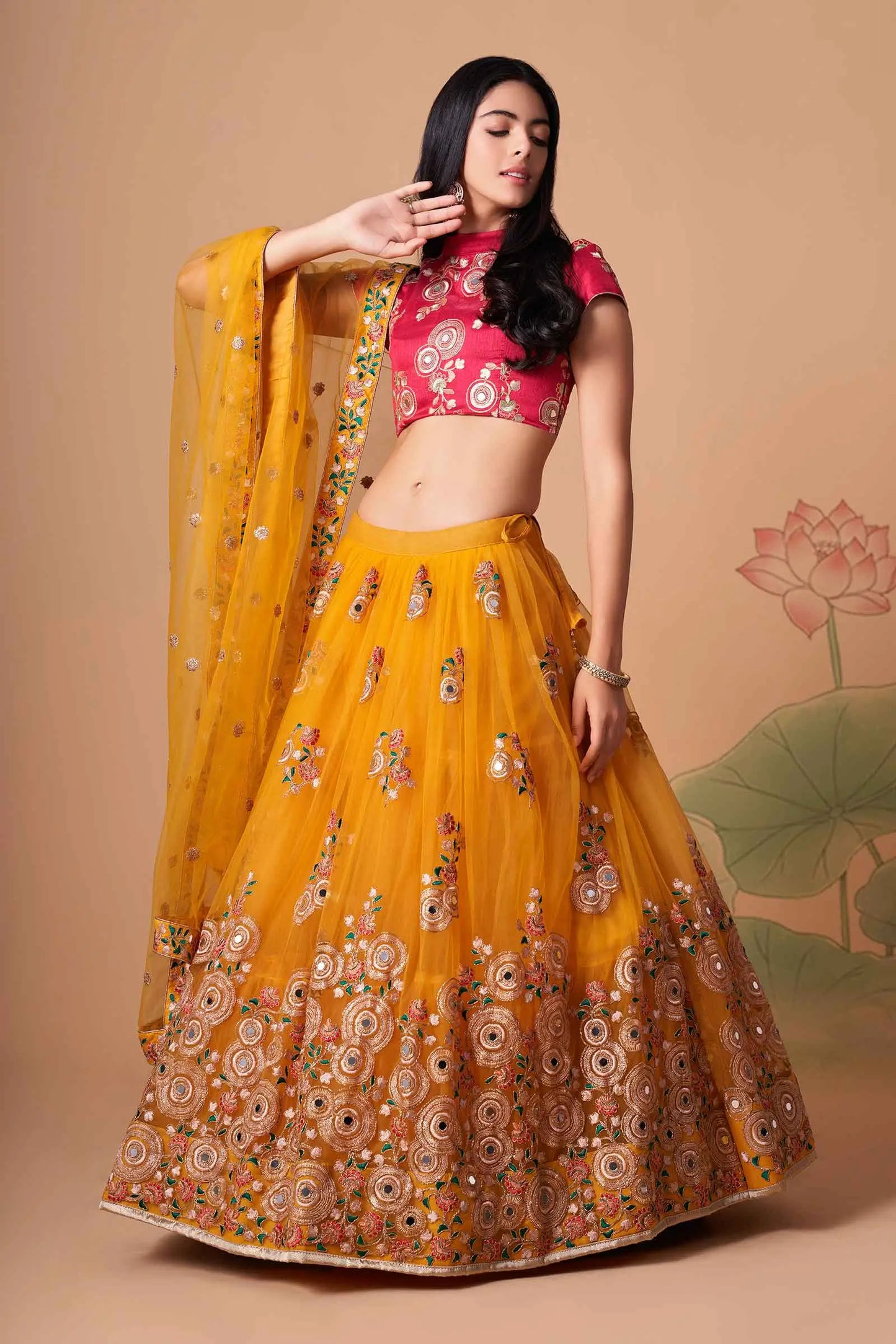 Yellow Soft Net Lehenga With Thread Zari Dori And Sequins Embroidery With Mirror Work