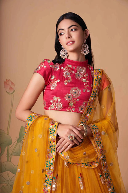 Yellow Soft Net Lehenga With Thread Zari Dori And Sequins Embroidery With Mirror Work