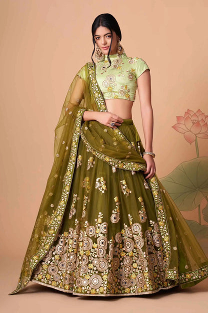 Mehndi Soft Net Lehenga With Thread Zari Dori And Sequins Embroidery With Mirror Work