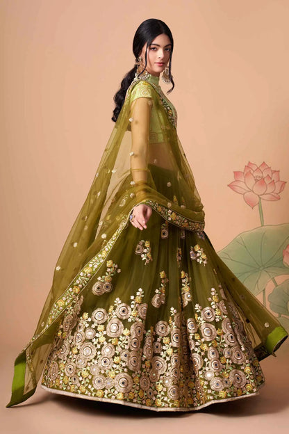 Mehndi Soft Net Lehenga With Thread Zari Dori And Sequins Embroidery With Mirror Work