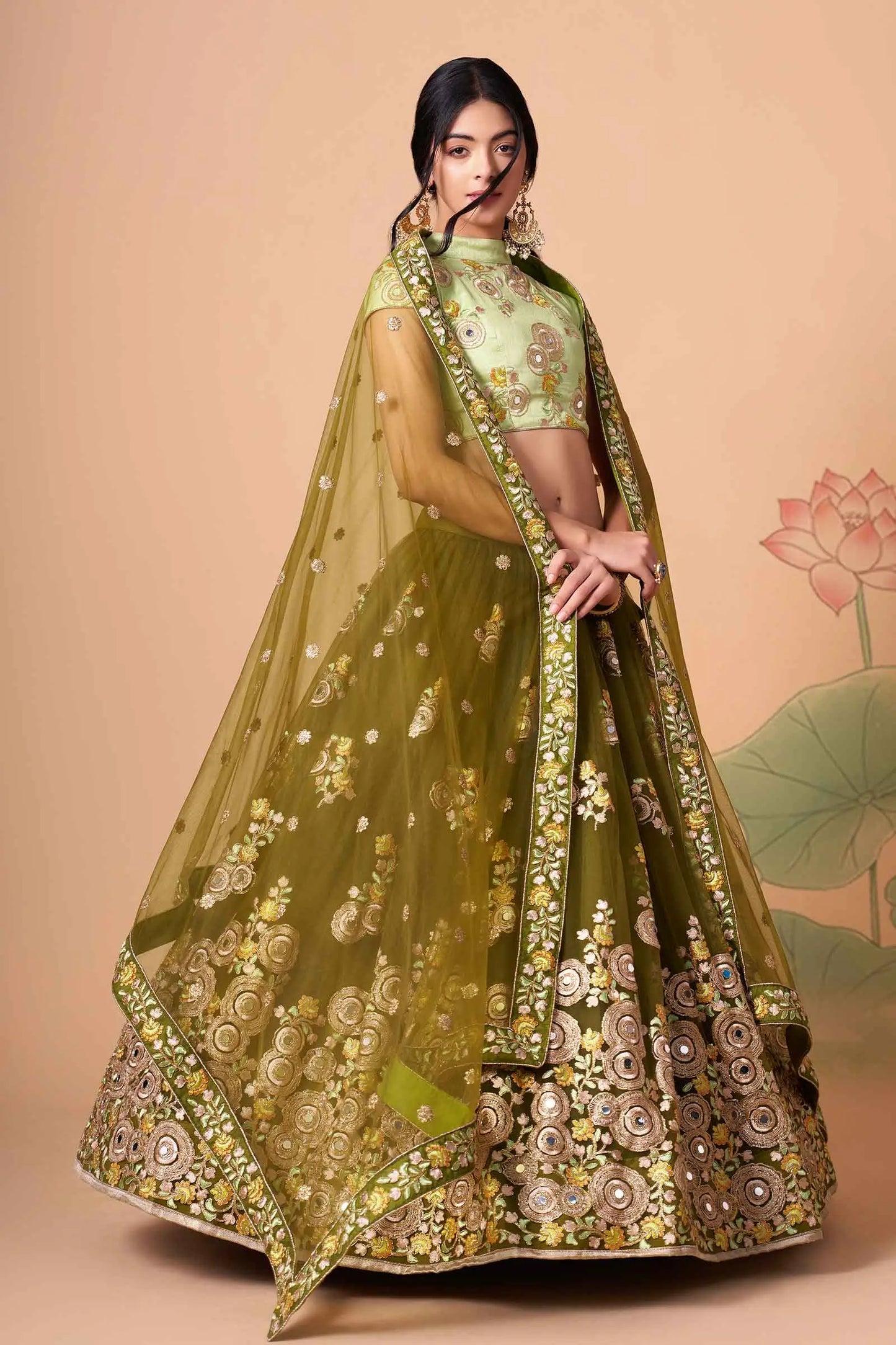 Mehndi Soft Net Lehenga With Thread Zari Dori And Sequins Embroidery With Mirror Work