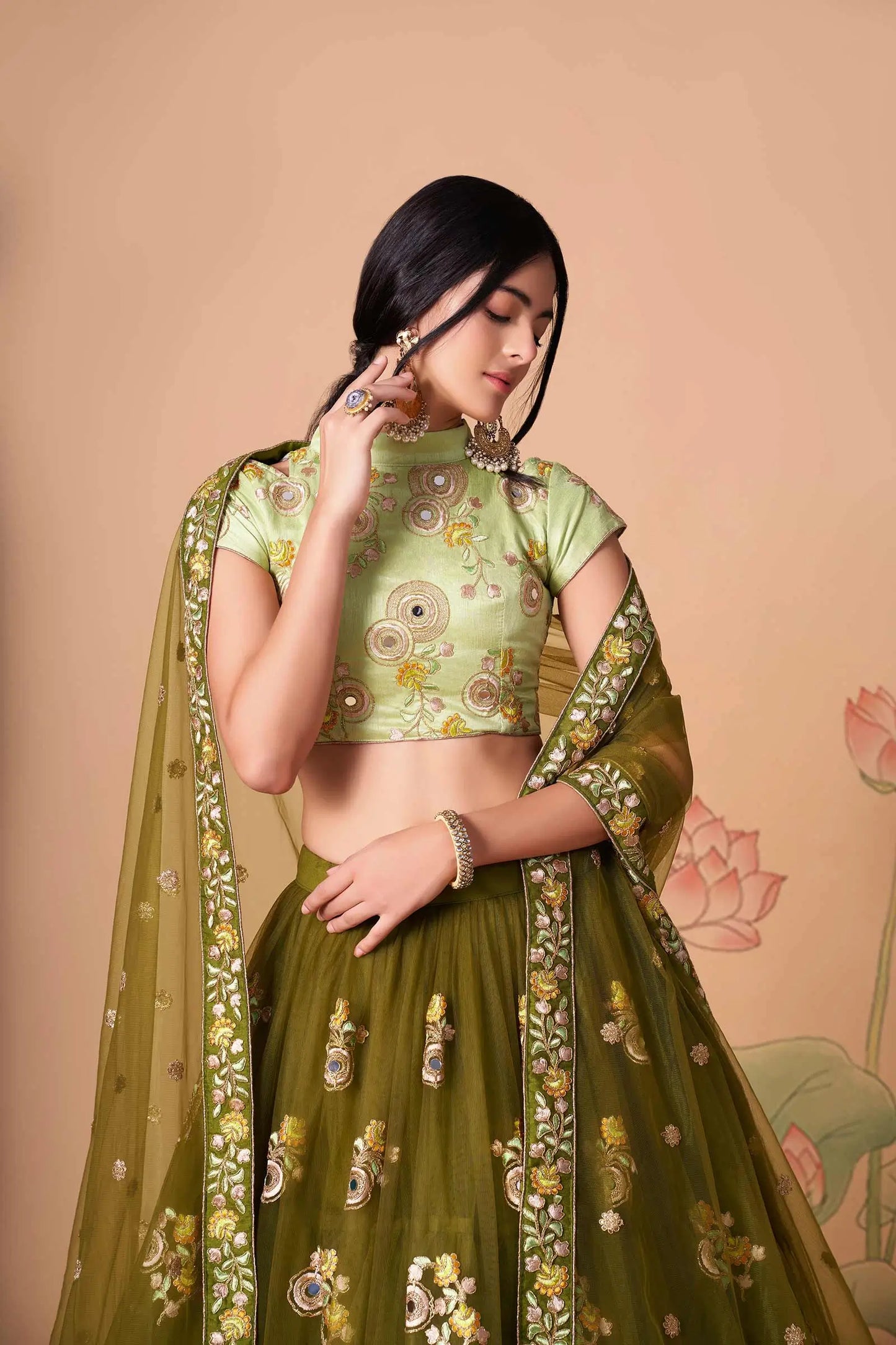 Mehndi Soft Net Lehenga With Thread Zari Dori And Sequins Embroidery With Mirror Work